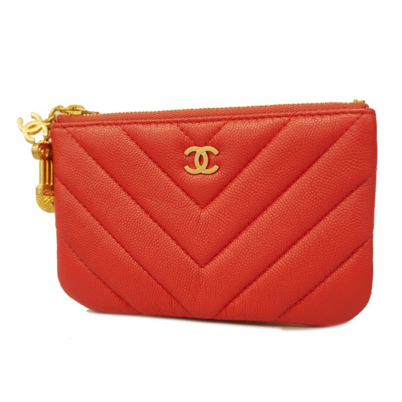 CHANEL Bags Chanelauth Pouch V Stitch Womens Leather Pouch Red